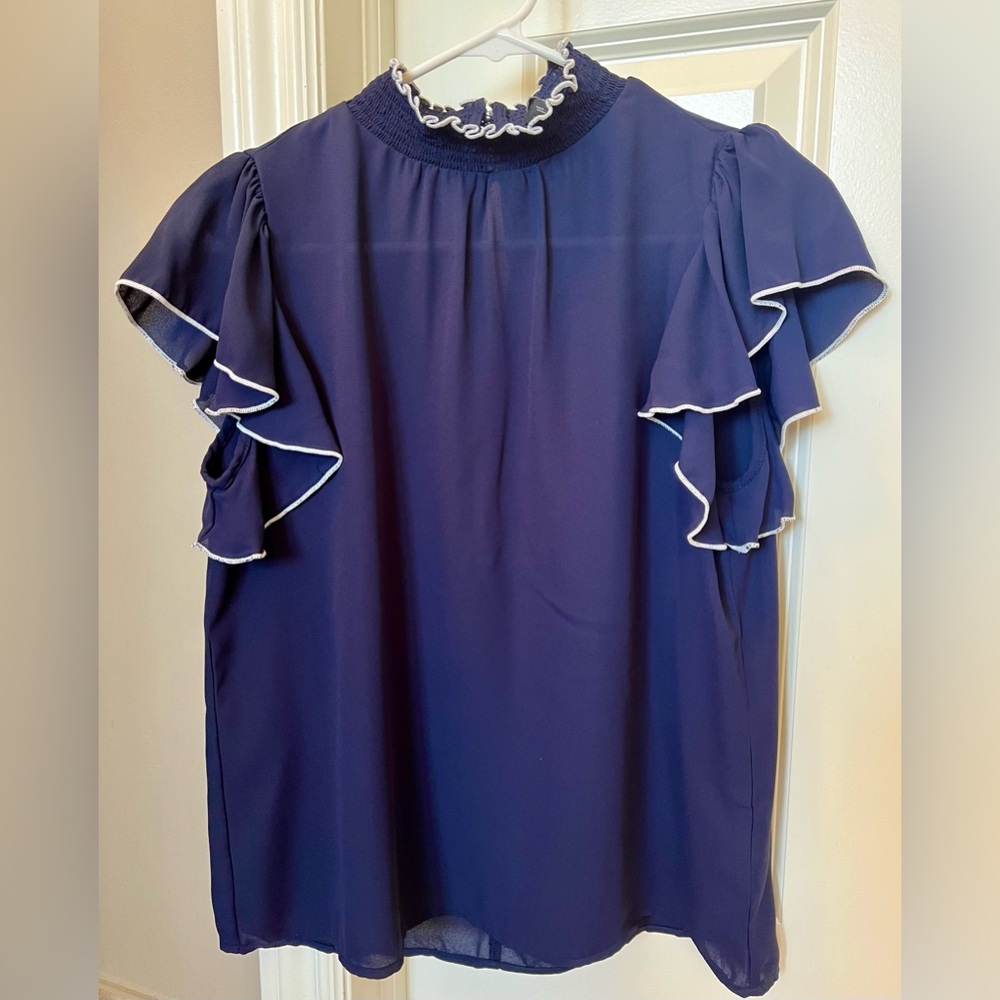Express navy blouse with white trim, size S.  Like new.